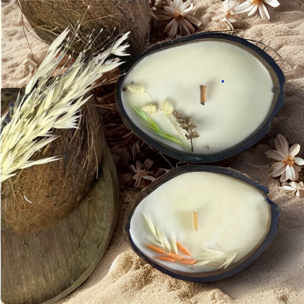 Zwei mit Blumen geschmückte Duftkerzen Coco Bloom in echter Kokosnussschale im Sand