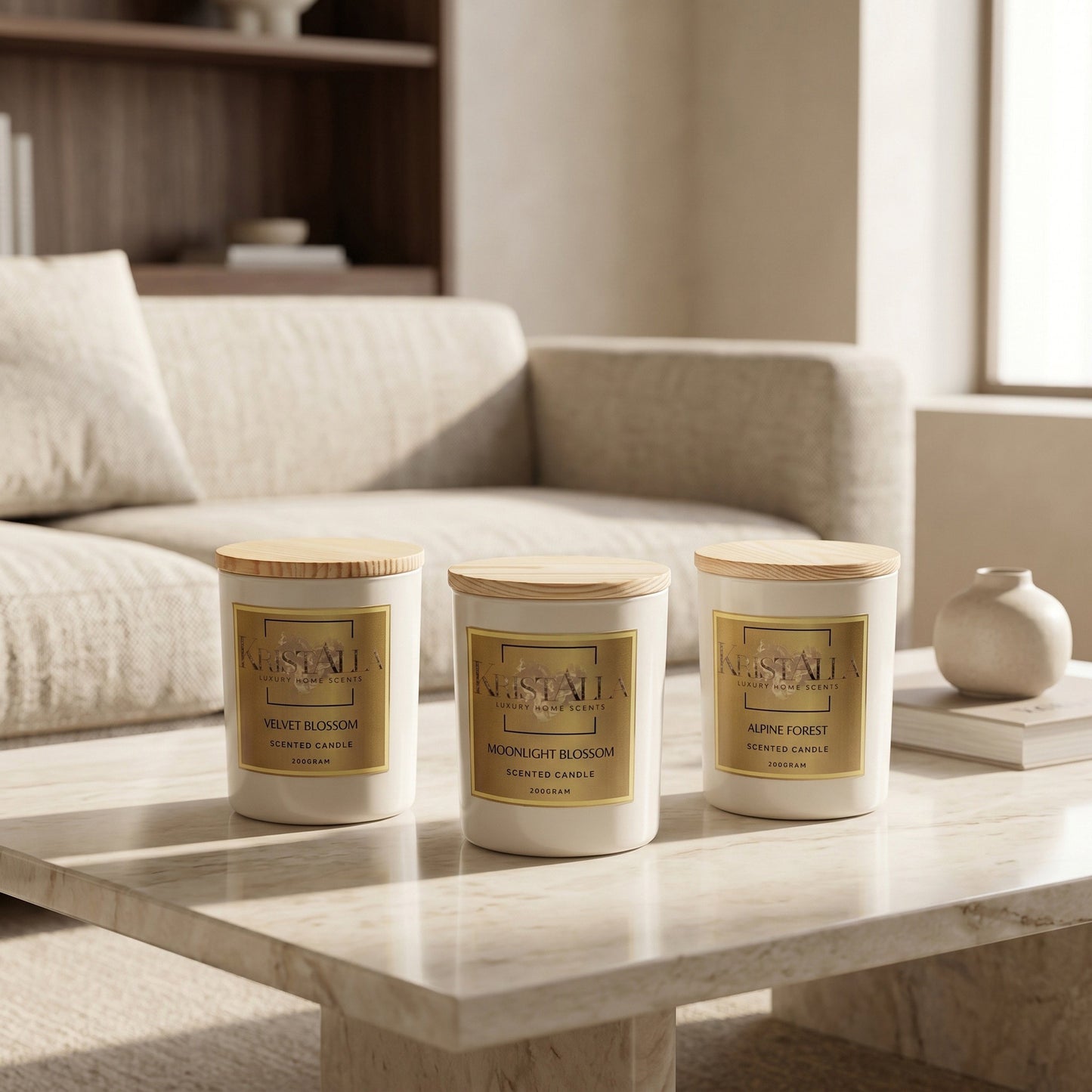 Gold Kollektion von Kristalla Premium Duftkerzen auf weißem Marmortisch in elegantem Wohnzimmer
